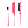 A set of pink hair combs and styling brushes, including a pointed tail comb and a black flat brush.