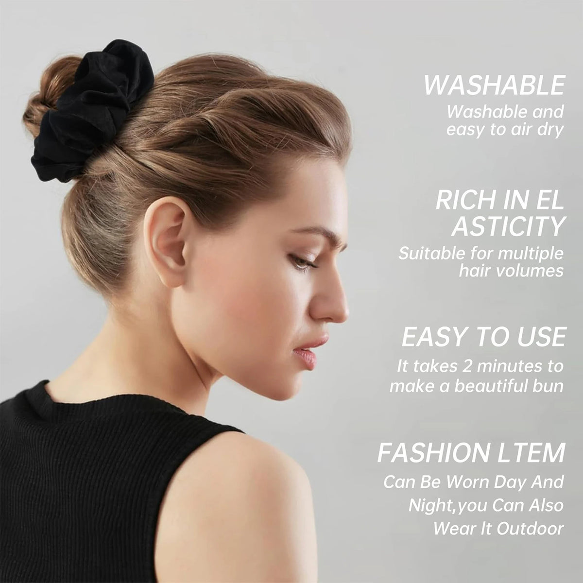 A woman shows off a stylish updo hairstyle using a black heatless hair curling scrunchie.