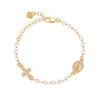 A gold-plated rosary bracelet for women featuring a cross charm and small pearls.