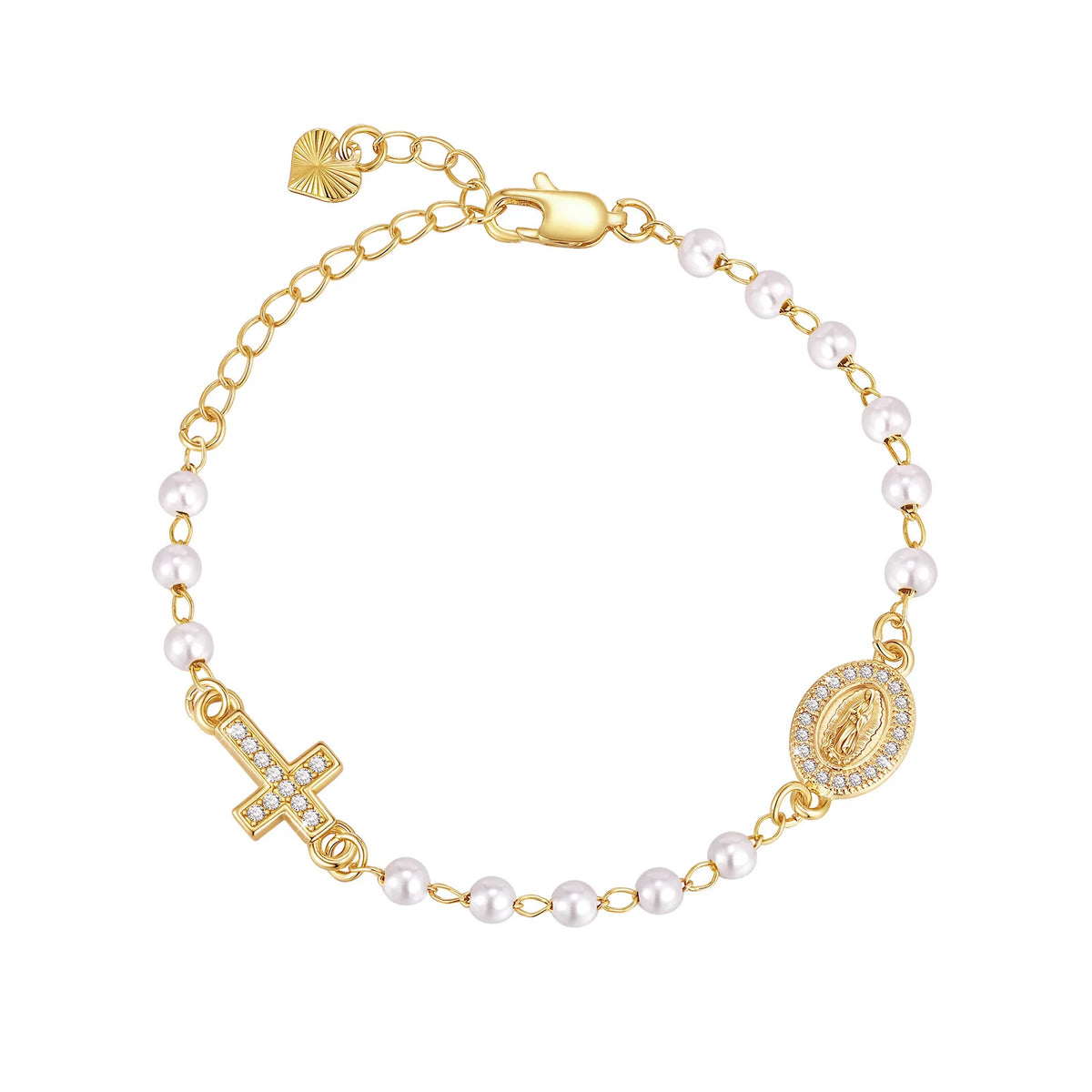 A gold plated rosary bracelet for women featuring a cross charm and small pearls.