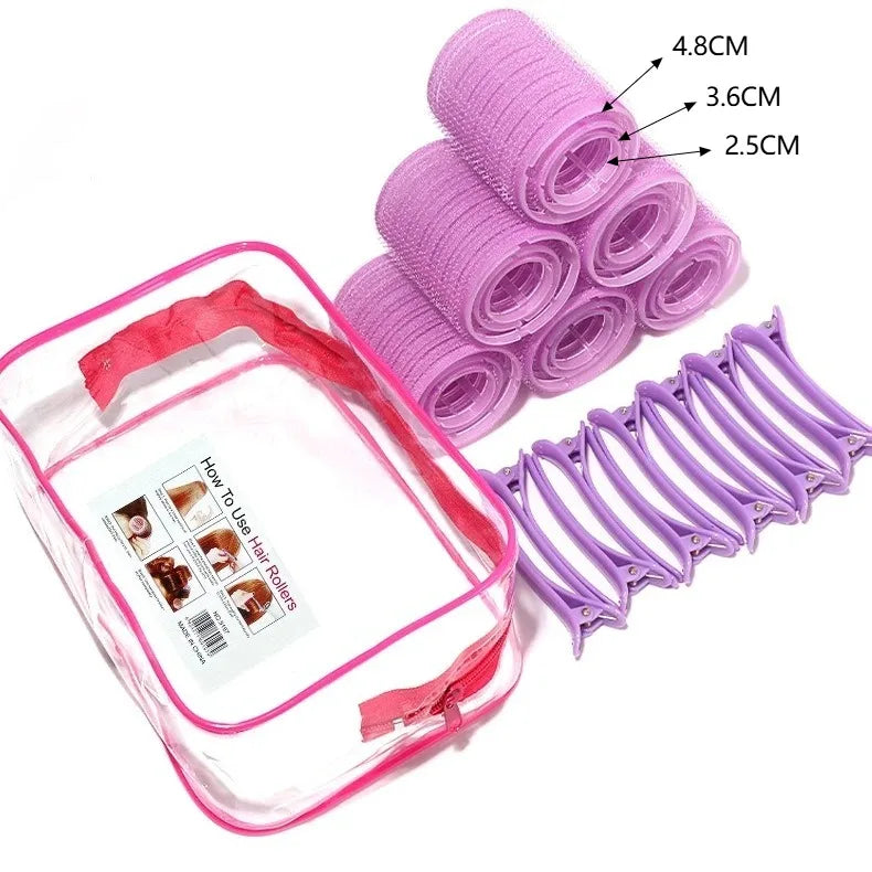 A set of pink and purple heatless hair rollers with measurements shown, packaged in a clear pouch.
