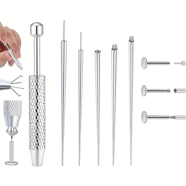 A set of titanium piercing tools including various needles and posts for nose, lip, and cartilage piercings.