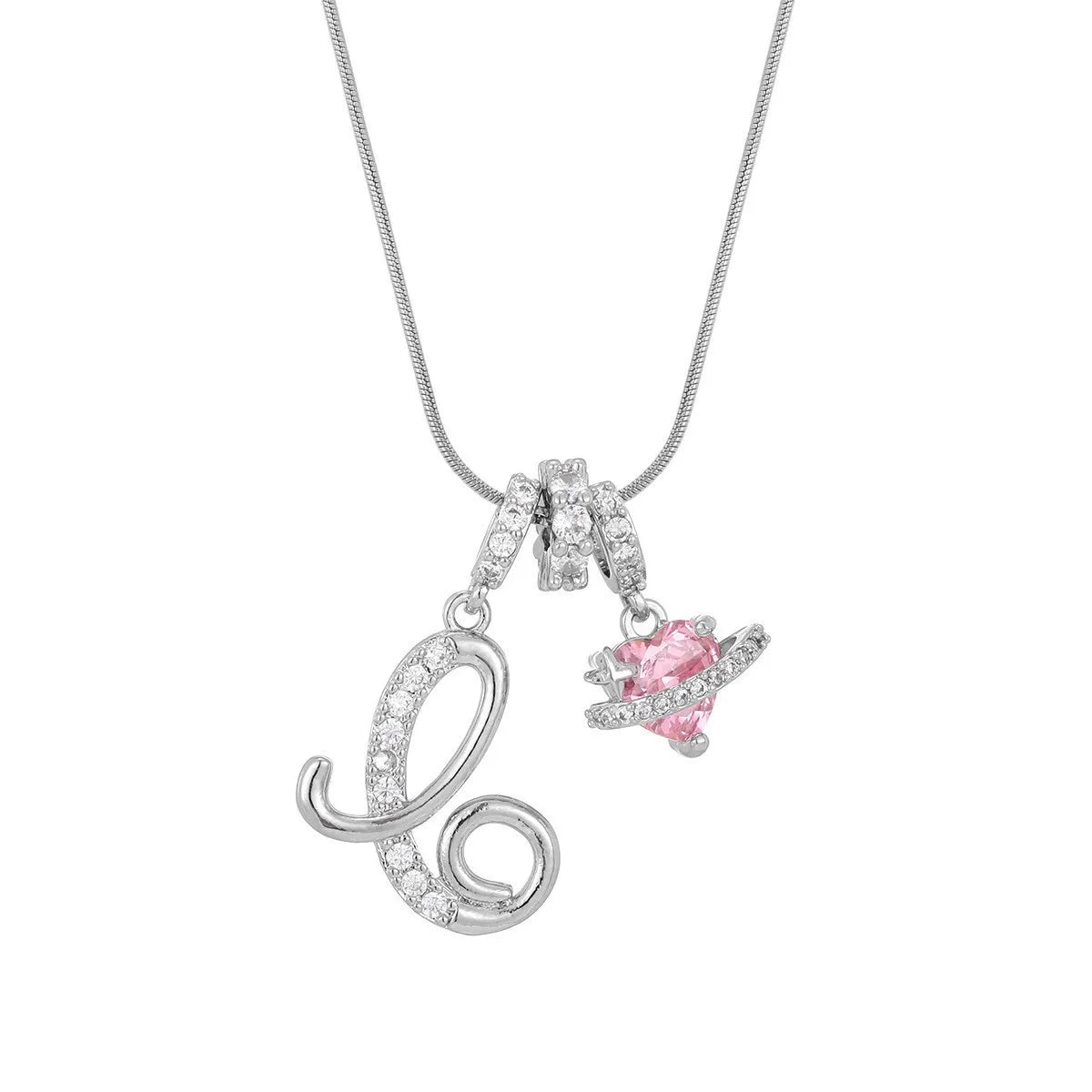 Silver letter pendant necklace featuring an ornate script letter and a pink gemstone charm