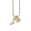 A gold-toned alphabet flower pendant necklace with a delicate chain and a pink gemstone charm.