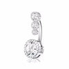 A silver surgical stainless steel belly button ring featuring three small diamonds and a central round diamond.