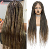 A close-up of a 36 inch full lace box braids wig featuring long, brown hair with golden highlights.