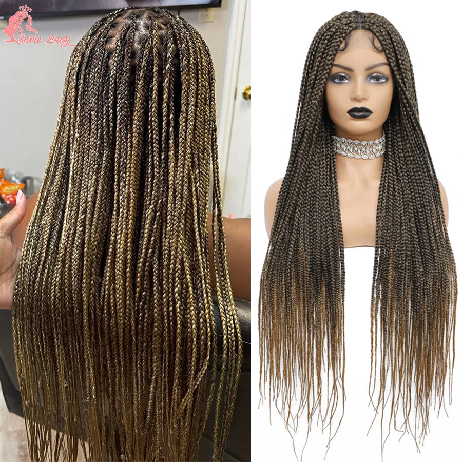 A close-up of a 36 inch full lace box braids wig featuring long, brown hair with golden highlights.
