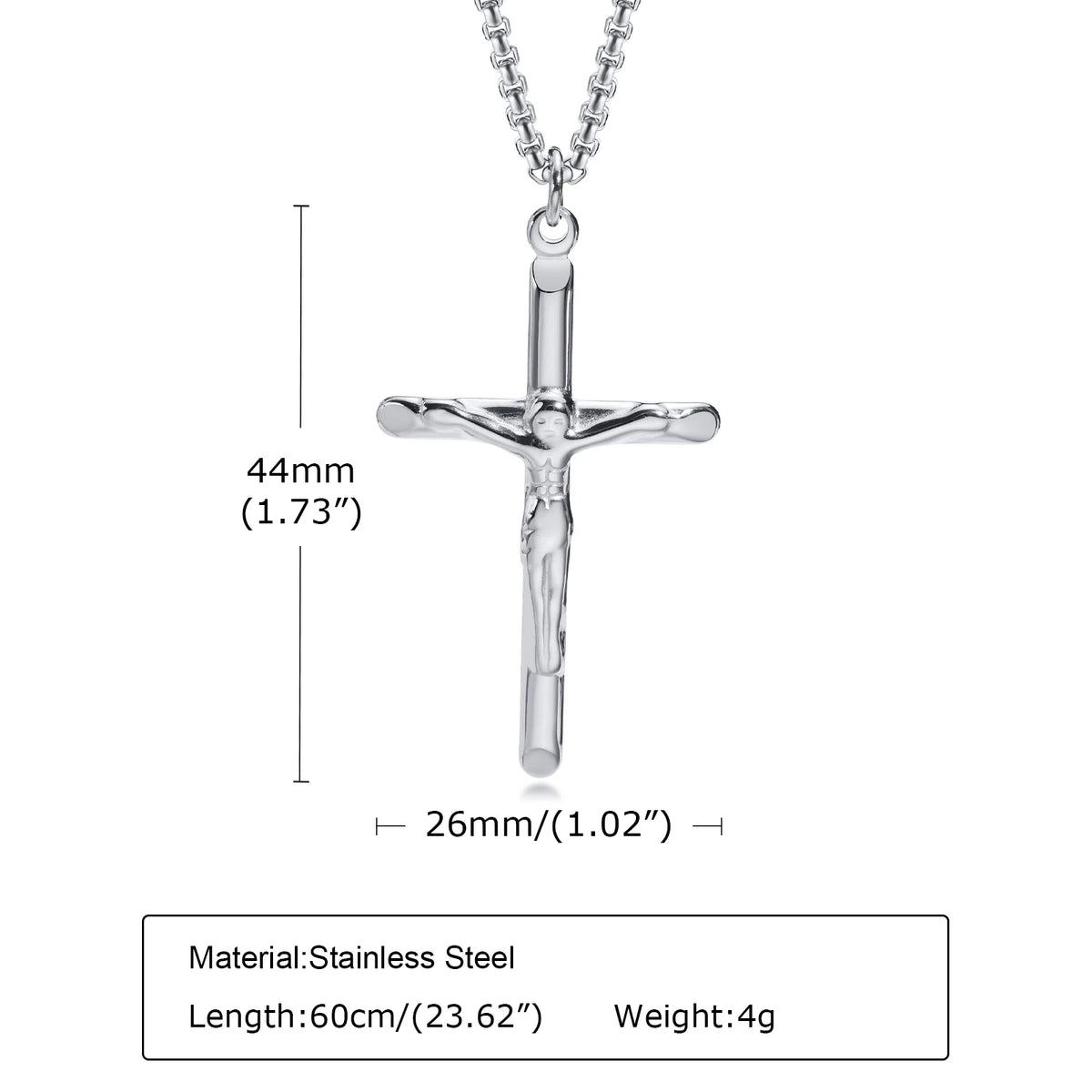 A stainless steel cross necklace with a chain and a pendant, measuring 60cm long.