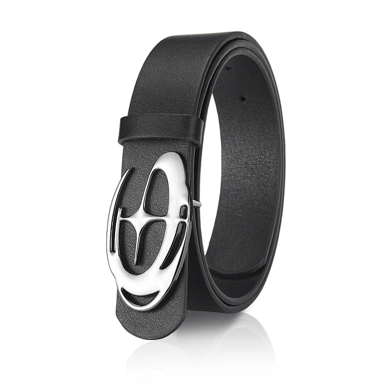 Black leather belt with a silver geometric alloy buckle for men