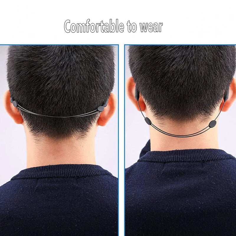 A close-up view of an adjustable silicone eyewear strap worn around the back of a person's head.