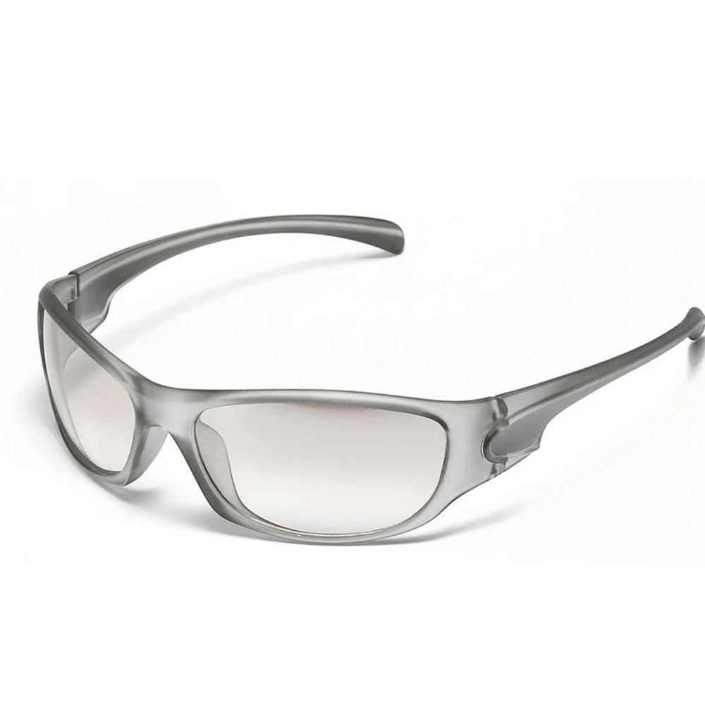 Graue Vintage Y2K Punk-Sonnenbrille mit dünnem Metallrahmen und klaren Linsen