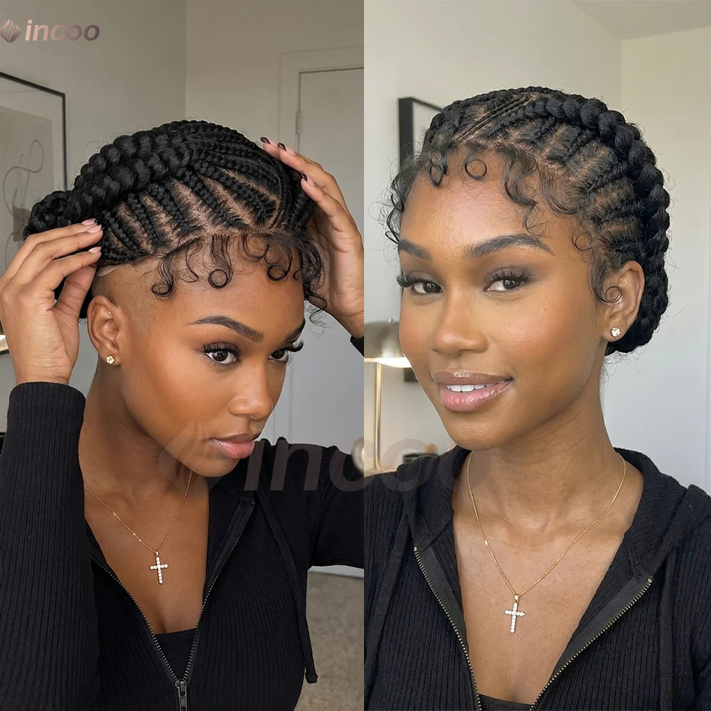 A close-up photo of a woman with braided cornrows on her head, looking directly at the camera.