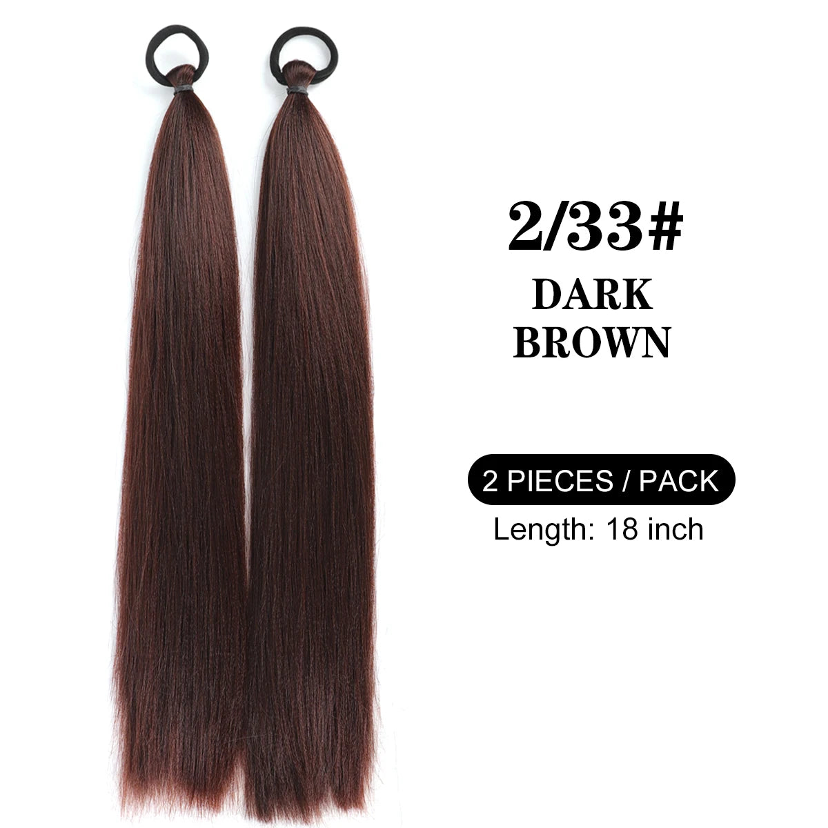 Dark brown synthetic hair extensions in a 2/33 shade, 18 inches long, sold as a 2-piece pack.
