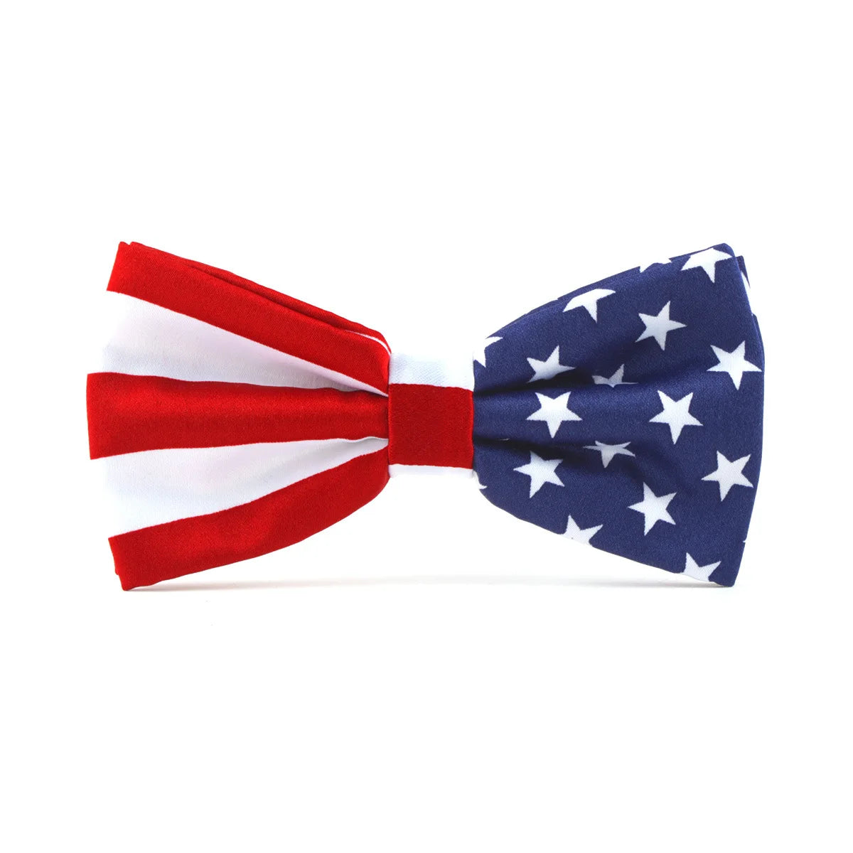 A red, white, and blue striped silk necktie tied in a bow with a patriotic star pattern.