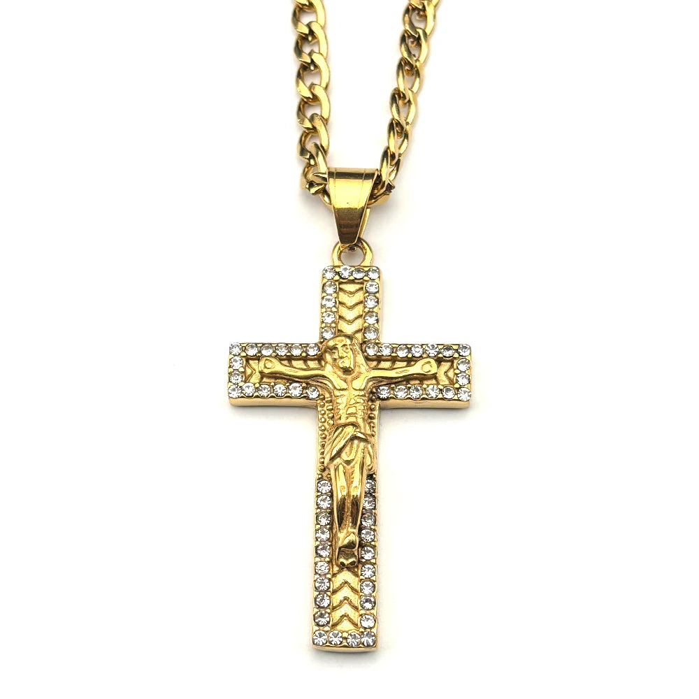 Gold-tone stainless steel cross pendant necklace with rhinestone accents
