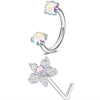 A set of silver horseshoe nose rings featuring clear and iridescent gemstone studs.