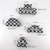 A collection of black and white checkered rectangle hair claw clips shown with various dimensions.