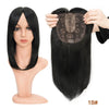 A model displays a straight black hair topper with bangs, shown next to the product.