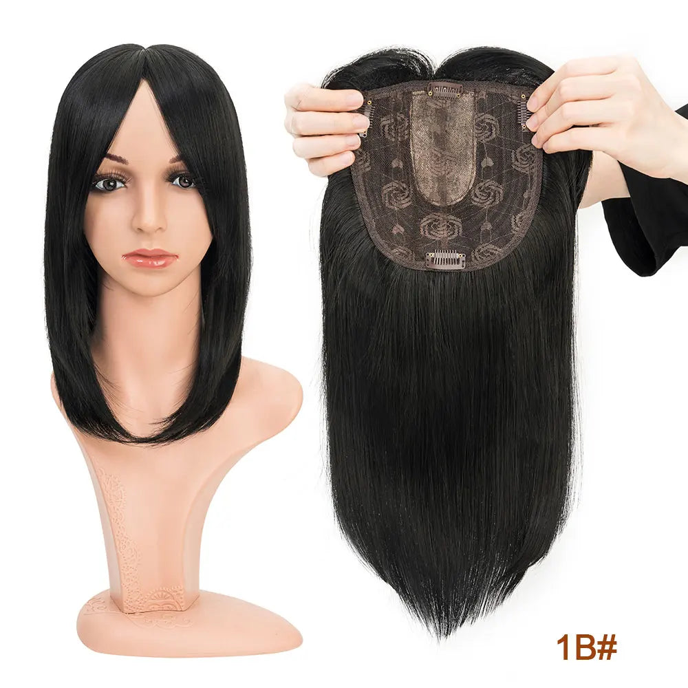A model displays a straight black hair topper with bangs, shown next to the product.