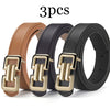 Three brown, black, and tan PU buckle belts are displayed on a white background.