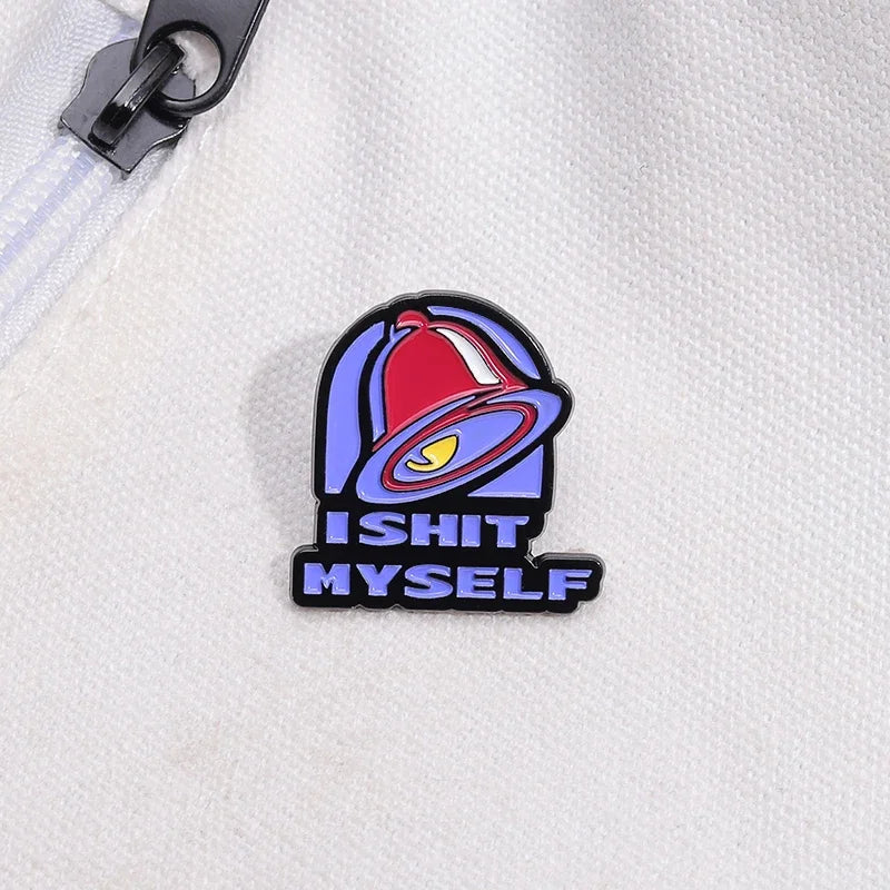A vintage enamel pin featuring a red bell design and the text IS IT MYSELF.