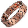 A close-up view of a copper magnetic therapy bracelet with hexagonal links and small white and orange dots.