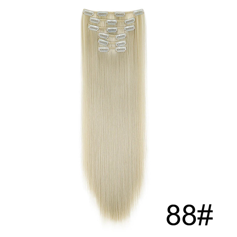 A bundle of long, straight, light blonde hair extensions with decorative silver clips.