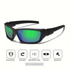Black sporty sunglasses with bright green lenses shown against a white background.