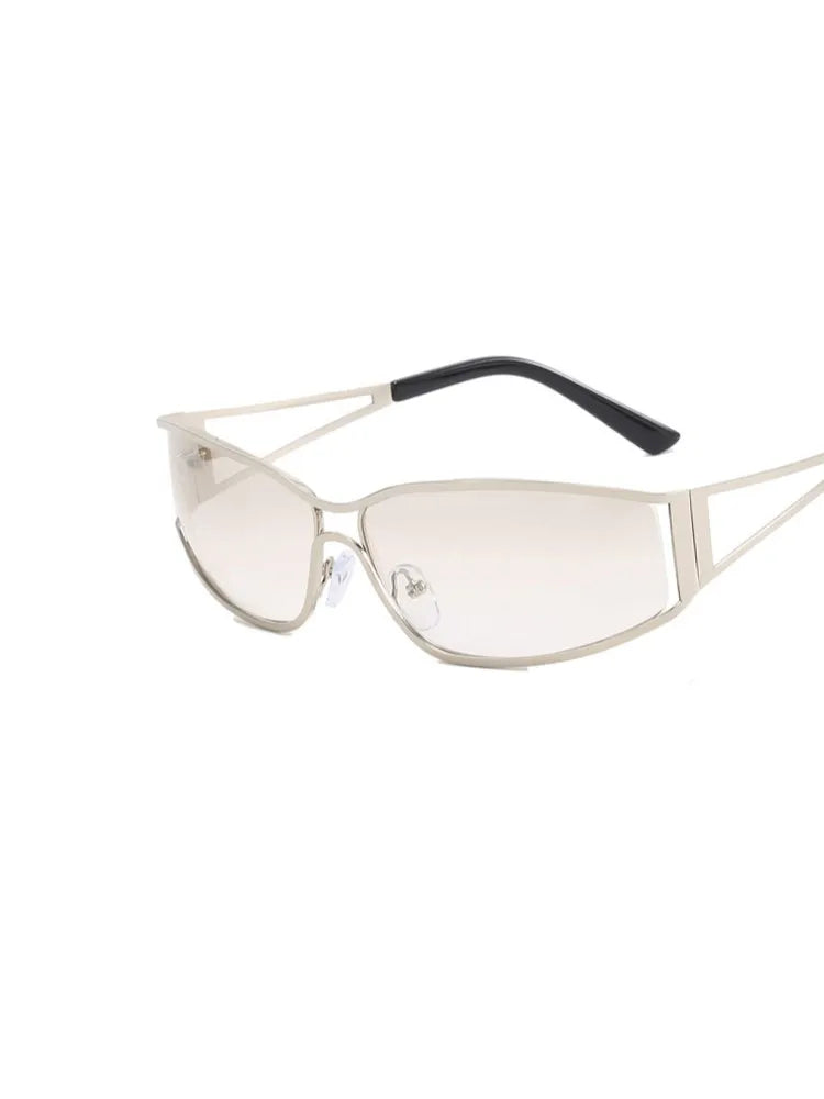 Pair of Steampunk gradient mirror sunglasses with a light beige frame and black temple.