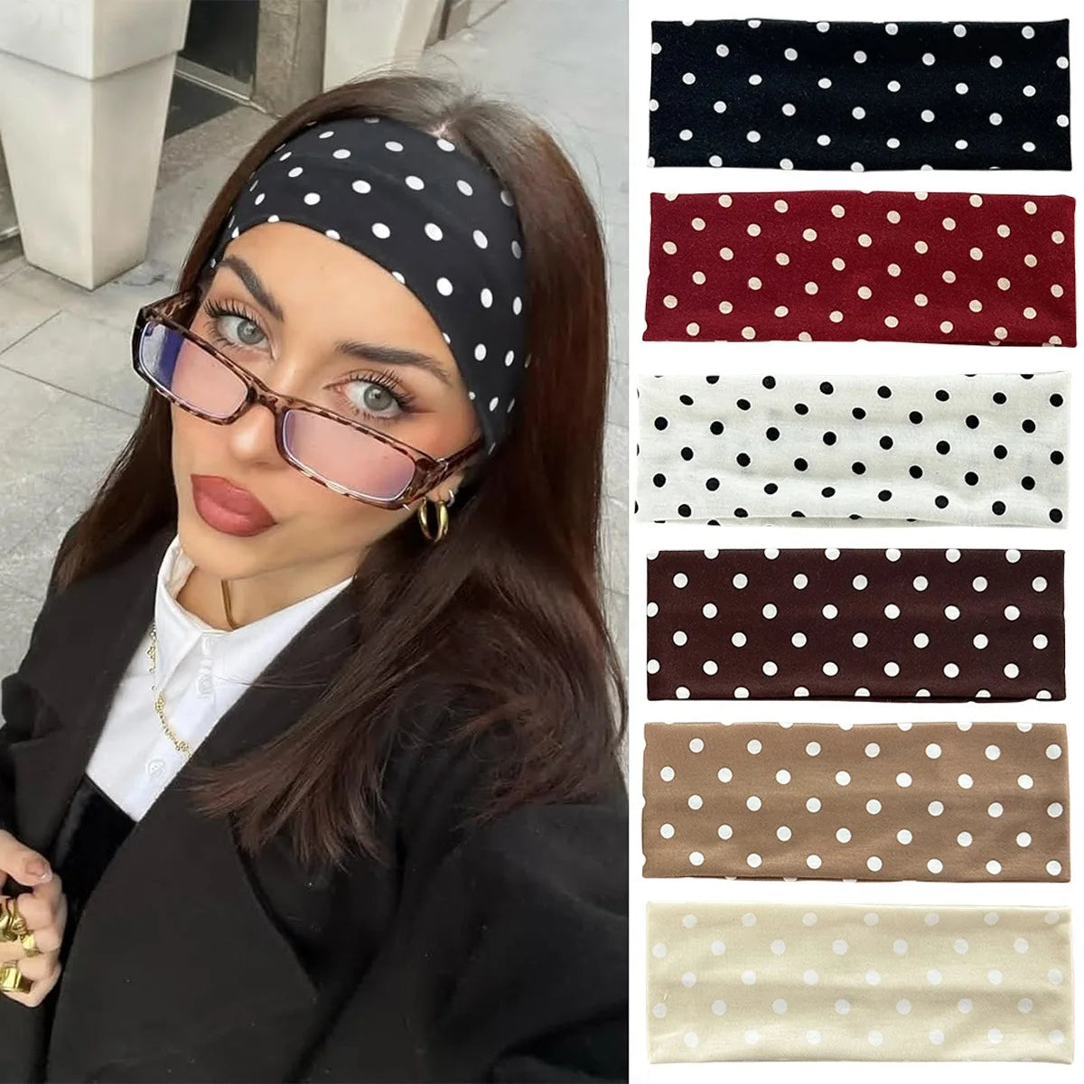 A woman models various black and white polka dot stretch hairbands on her head.