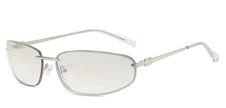 Silberne ovallose Sonnenbrille ohne Rahmen mit klaren Linsen und dünnen Metallgliedern