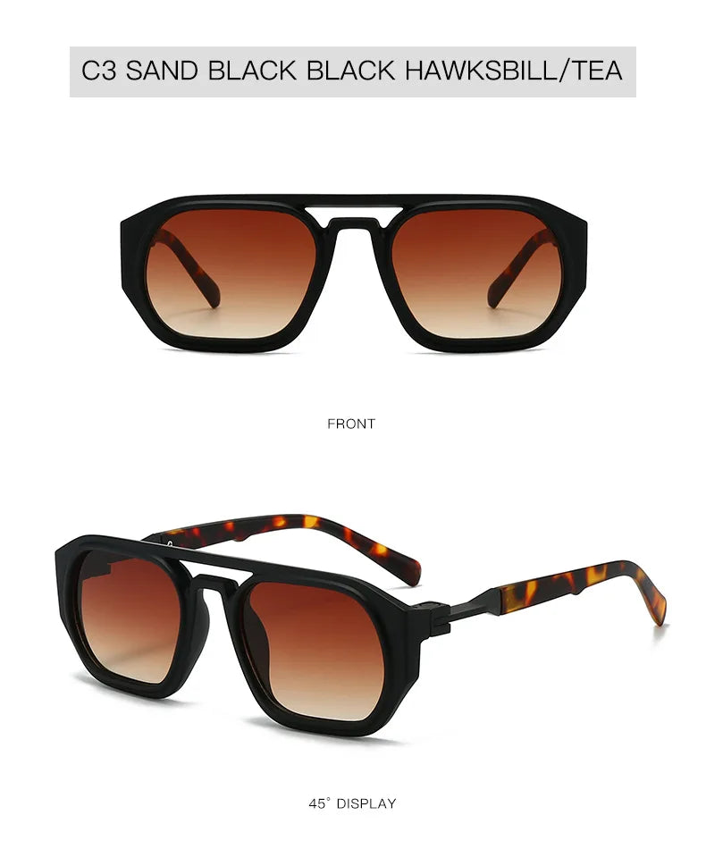 Un par de gafas de sol negras con lentes tintados marrón y detalles en tortuga de marfil, mostradas desde el frente y en ángu