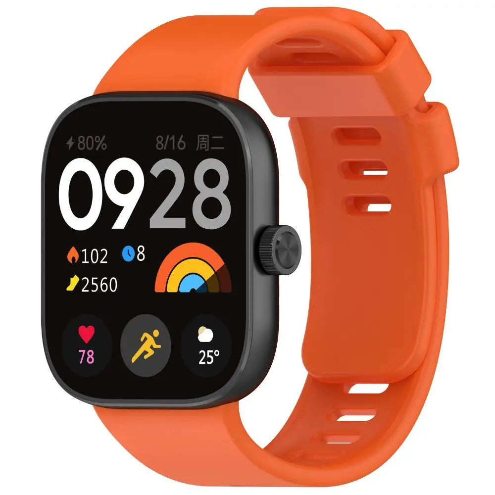 An orange silicone watch strap is shown on a black smartwatch displaying the time 09:28 and various health metrics.