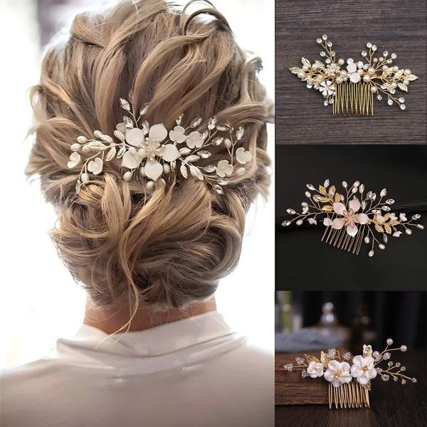 Close-up of a golden leaf shaped pearl flower hairpin comb with white flowers used in an elegant updo hairstyle.