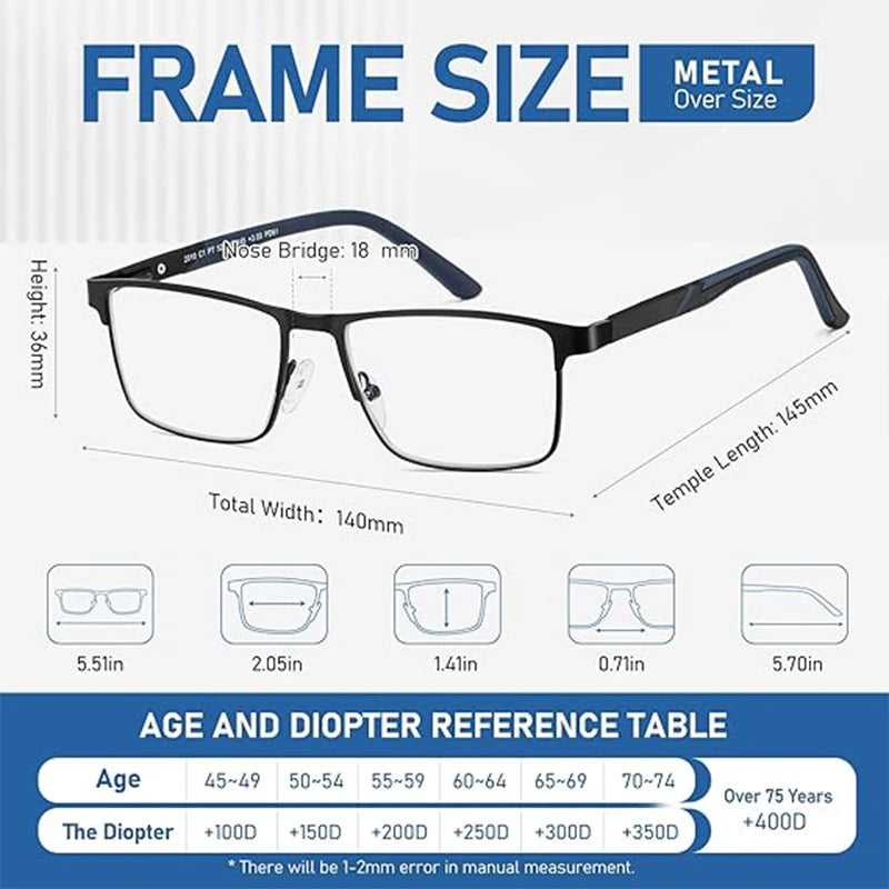 A pair of black metal frame eyeglasses shown with measurements and a reference table for age and diopter strength.