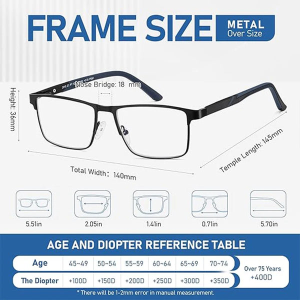 A pair of black metal frame eyeglasses shown with measurements and a reference table for age and diopter strength.