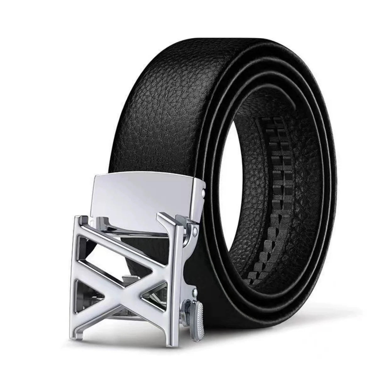 Black leather auto-lock belt with a silver metal X buckle rolled up.
