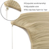 Close-up of a blonde hair extension featuring exquisite workmanship and an adjustable wire.
