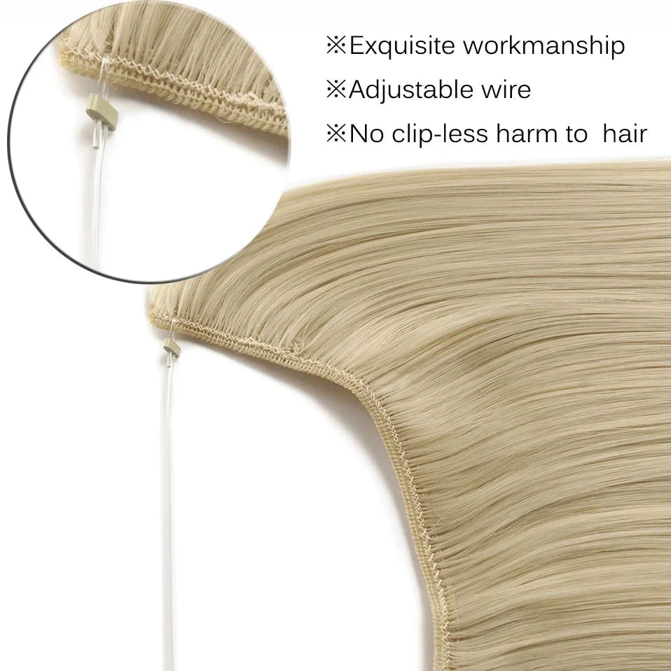 Close-up of a blonde hair extension featuring exquisite workmanship and an adjustable wire.