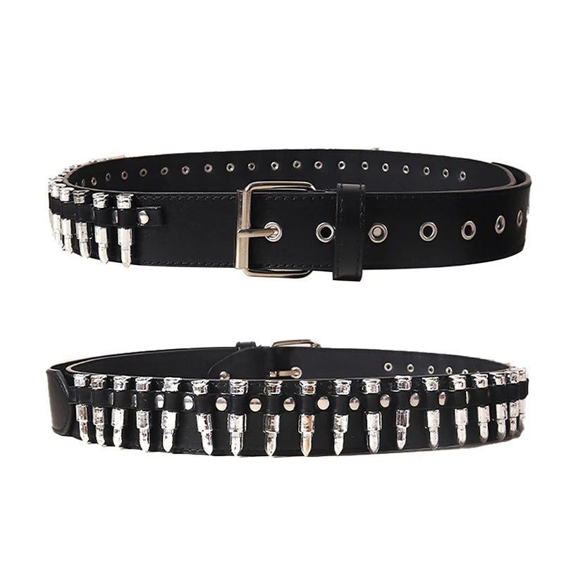 Black leather goth punk belt featuring silver bullet studs and a buckle.