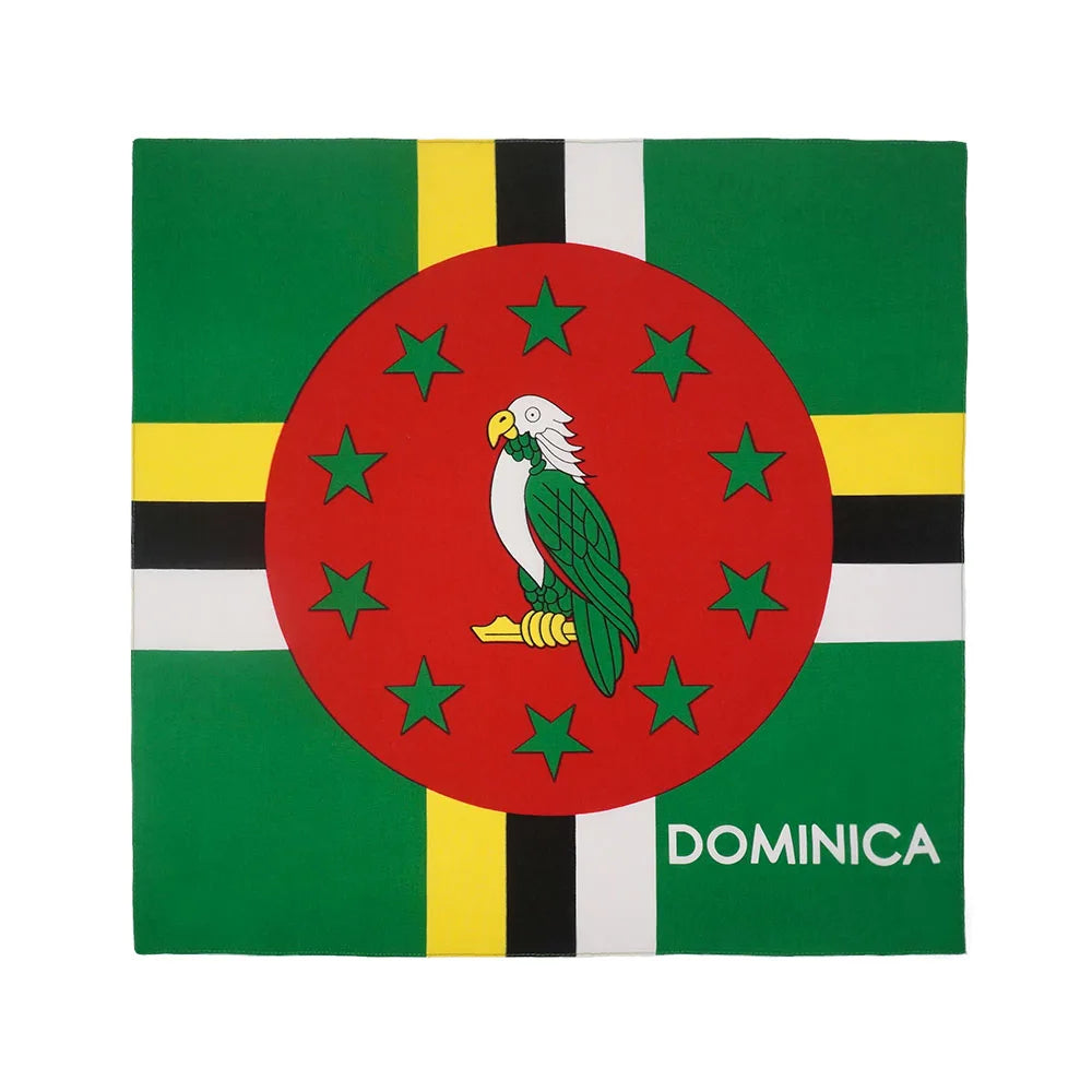Grün-gelbe Flaggen-Design mit rotem Kreis und weißem Vogel auf grünem Hintergrund, beschriftet Dominica.