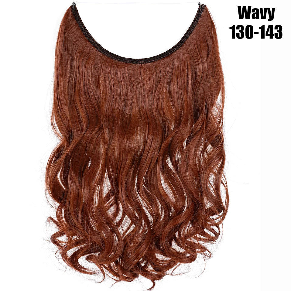 A bundle of wavy, reddish-brown hair extensions with a dark elastic band.