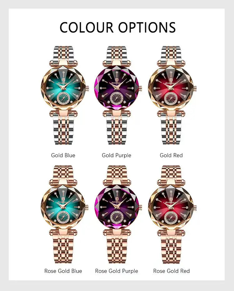 A set of six elegant stainless steel quartz ladies wristwatches in Gold Blue, Gold Purple, and Gold Red finishes.