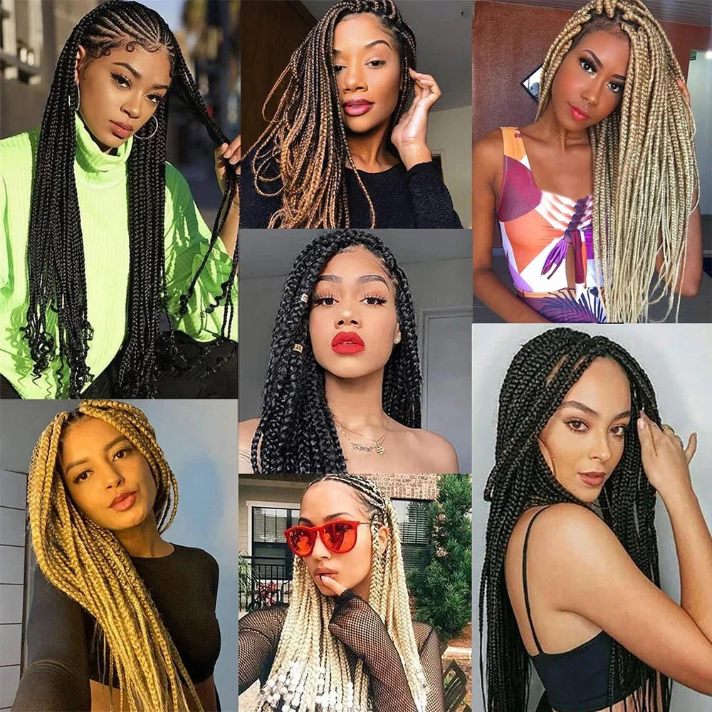 Collage von Frauen, die verschiedene Stile und Texturen hochwertiger synthetischer Zopf-Haare zeigen