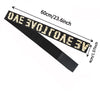 Black adjustable lace headband with gold lettering, measuring 60cm long.