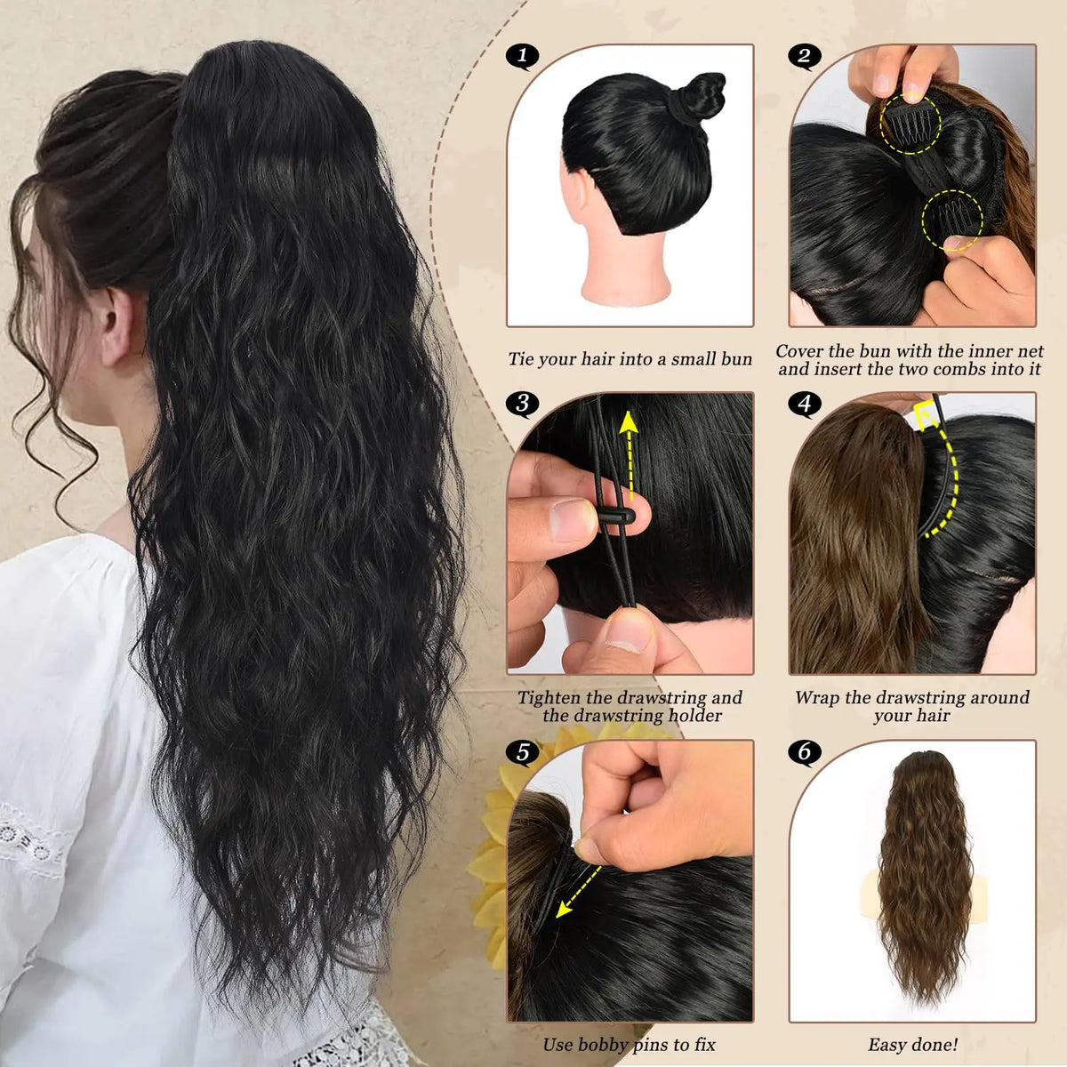 Instructions pour utiliser des extensions de cheveux avec cordon pour faire une queue de cheval.
