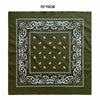 A dark olive green square scarf featuring white paisley embroidery and geometric patterns.