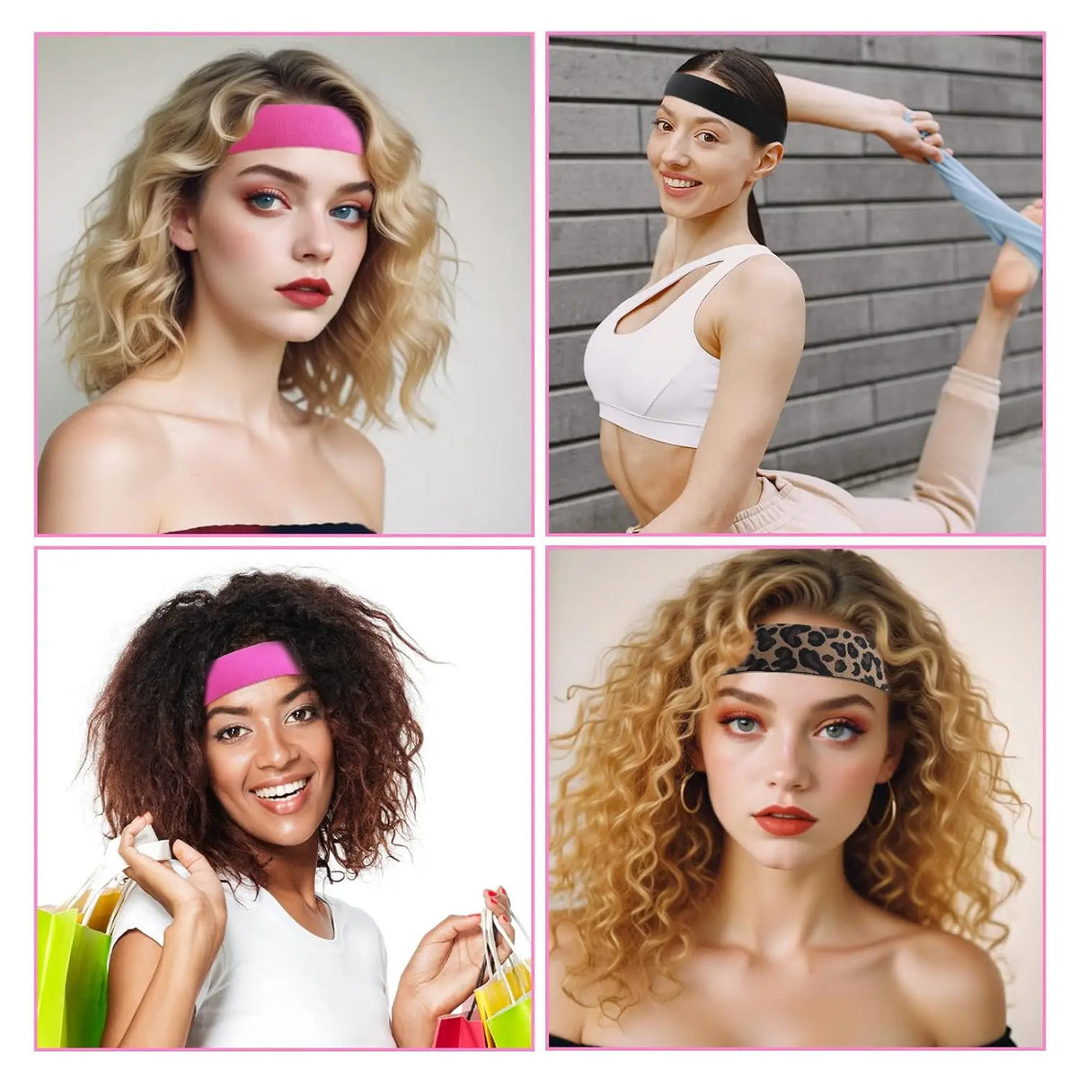 A collage showing a woman wearing an adjustable wig band for hairline edging in various colors and styles.