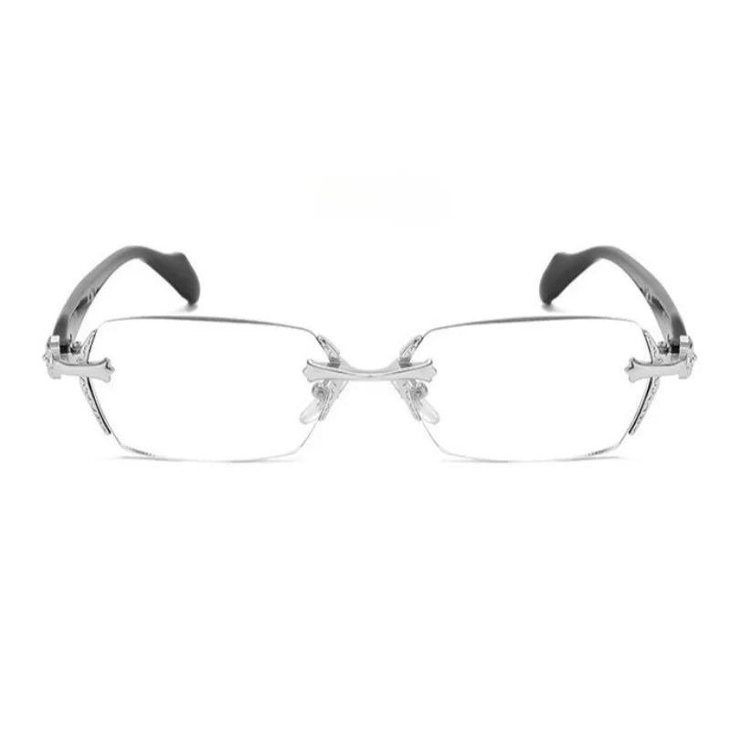 Pair of retro diamond-edged anti-blue light glasses with clear lenses and dark frames