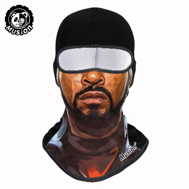 Black full face balaclava helmet liner featuring a realistic facial print design.